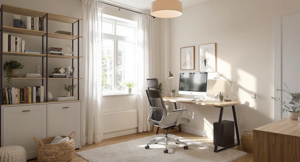 Creative home office design idea for an empty room, showing ergonomic furniture, layered lighting, natural light, and organized workspace layout.