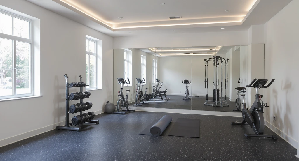 A bright, empty room transformed into a home gym and wellness studio with rubber flooring, large wall mirrors, free weights, a yoga mat, and a stationary bike. Creative ideas for empty rooms maximize space and motivate exercise routines.