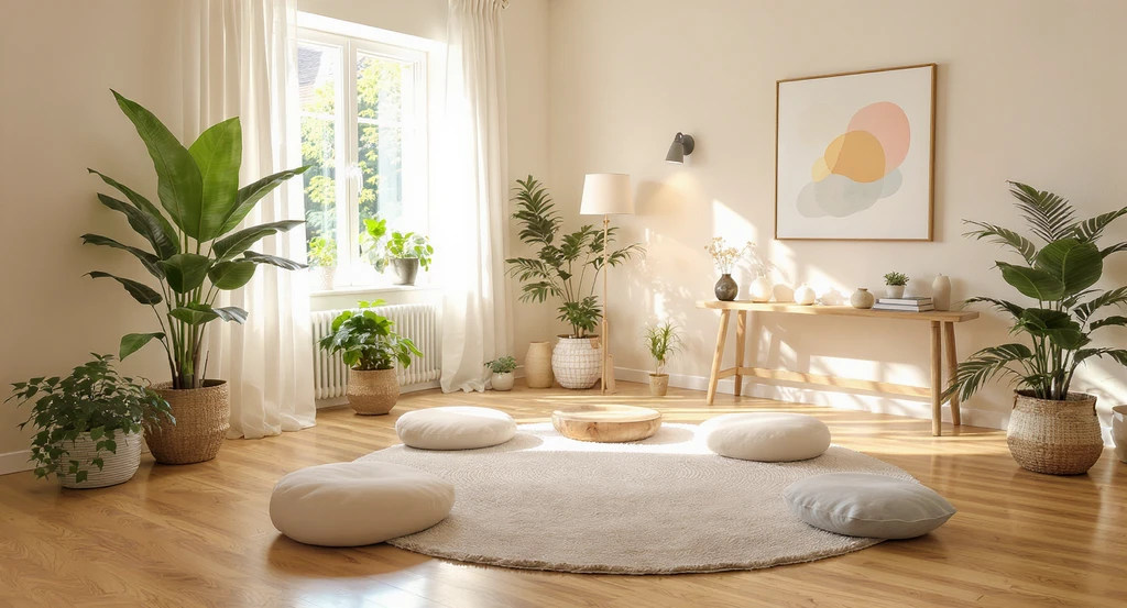 A serene, photorealistic wellness retreat in a spare room with floor cushions, soft lighting, lush green plants, calming art, and minimal décor.
