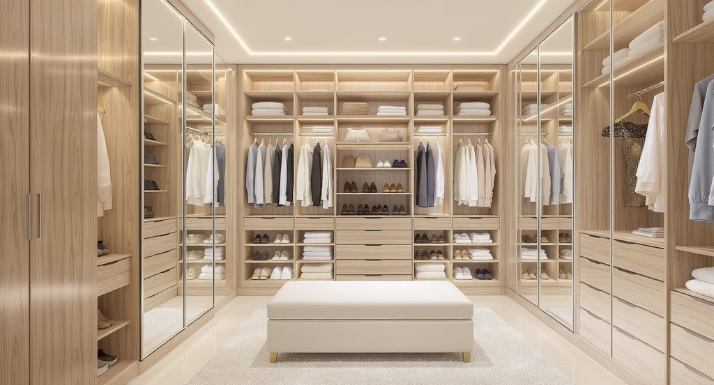 Bright, custom walk-in closet with full-length mirrors, built-in wardrobes, shoe and accessory shelves, and a padded bench, illustrating creative use of empty room space.
