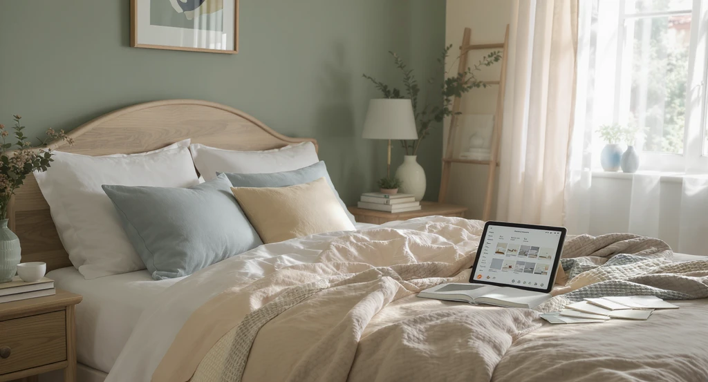 Cozy bedroom designed with AI tools for bedroom decor ideas, featuring sleep-friendly hazy blues, sage greens, gentle taupes, and bedroom planning samples.