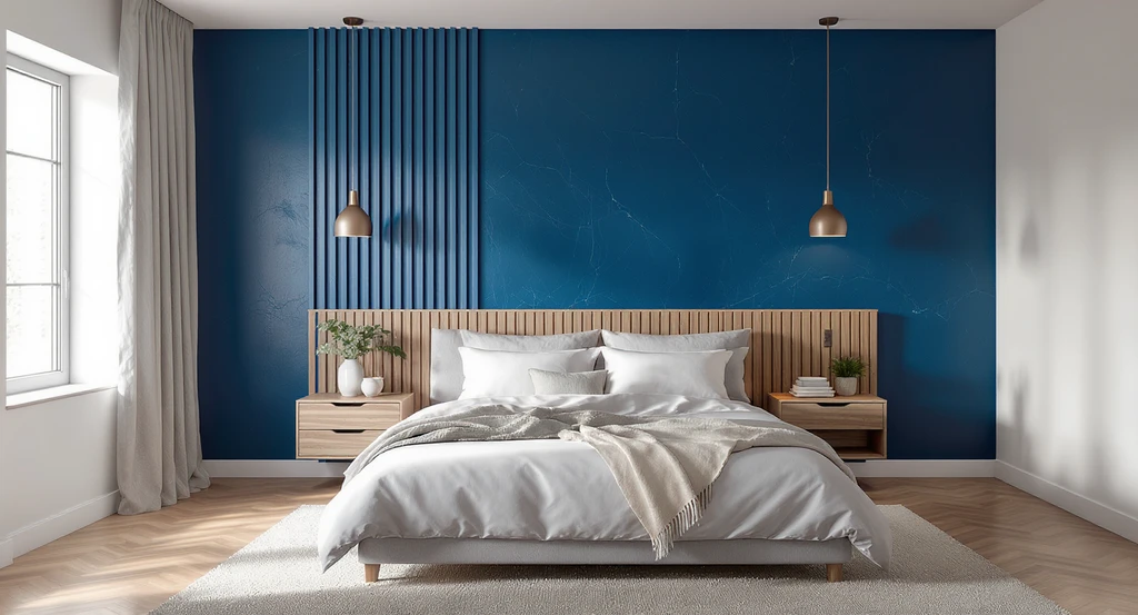 Photorealistic cozy bedroom with a bold wood slat and deep blue paint feature wall behind the bed, illustrating ai tools for cozy bedroom design.