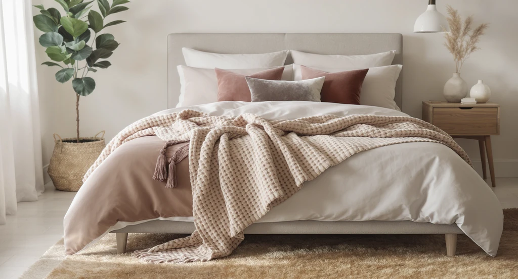 Cozy bedroom with linen bedding, velvet pillows, knitted throw, and plush rug, showing ai tools for cozy bedroom design and how to visualize bedroom with ai.