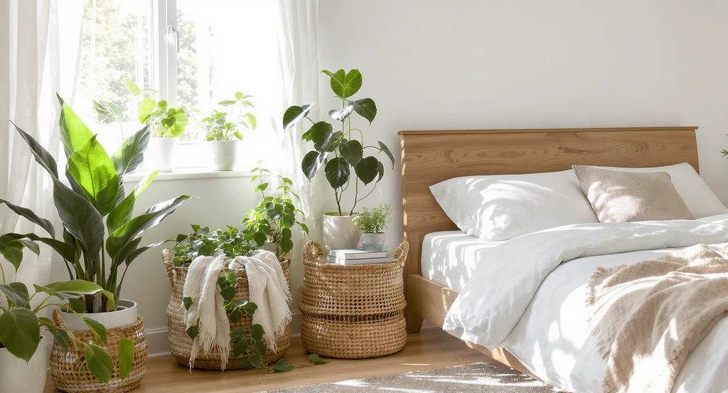 Cozy bedroom corner with low-maintenance potted plants, real wood bed, and woven basket. Example of ai tools for cozy bedroom design.