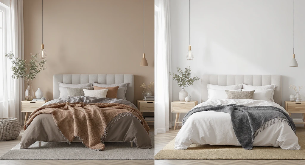 A bedroom split between a cozy, human-designed space with layered textures and warm lighting and a flat, generic AI-generated decor, illustrating how ai tools for cozy bedroom design and the best ai interior design platforms compare to real-life results.