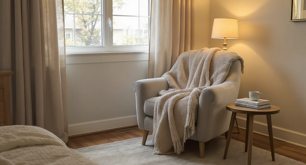 A plush chair with a soft throw, small lamp, and table create a cozy bedroom nook, showing how to visualize bedroom design with ai tools and best ai platforms.