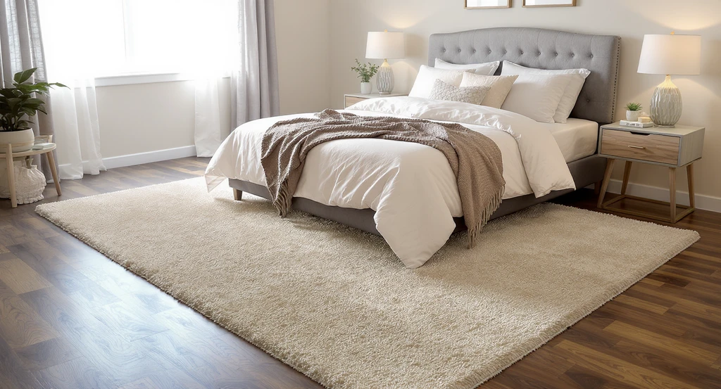 Photorealistic cozy bedroom with a queen bed on a plush area rug, illustrating ai tools for cozy bedroom design and best ai interior design platforms.