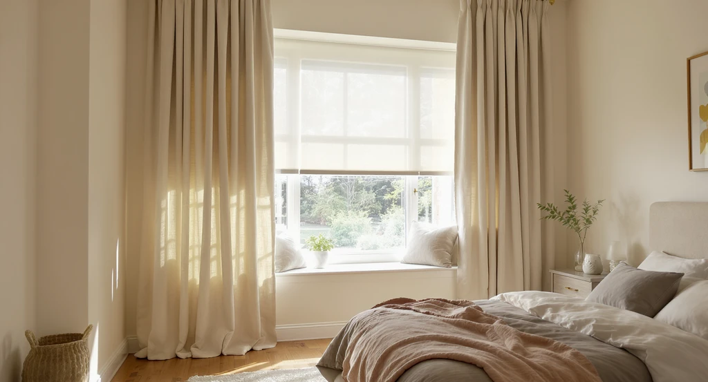Photorealistic bedroom with floor-length beige drapes and light-filtering blinds, showing ai generated bedroom decor ideas and best ai interior design platforms for cozy spaces.