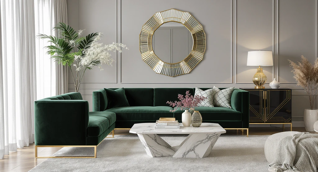 Modern living room designed with ai interior design for art deco homes, featuring a velvet sofa, geometric mirror, brass accents, and curated art deco decor in a real home setting.