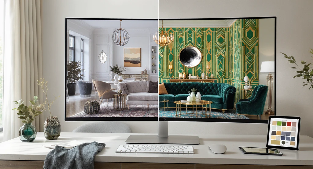 Photorealistic ai interior design for art deco homes: an ultra-realistic room planner displays modern art deco ai room planner visualizations, with art deco color schemes and decor options shown side by side for comparison and selection.