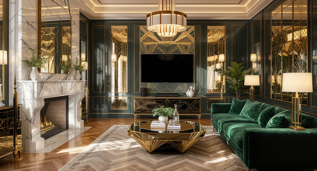 Editorial photorealistic view of a luxurious Art Deco living room with marble, brass, velvet, zigzag mirrors, and geometric lighting, created by ai interior design for art deco homes and modern art deco ai room planner, showing how ai tools create art deco interiors with luxury style visualization.