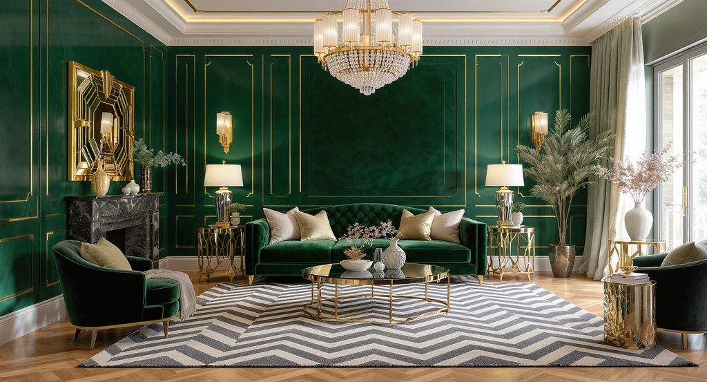Spacious Art Deco living room with AI-designed geometric rug, jewel-toned velvet sofa, metallic accents, and luxury decor visualized by AI interior design tools.