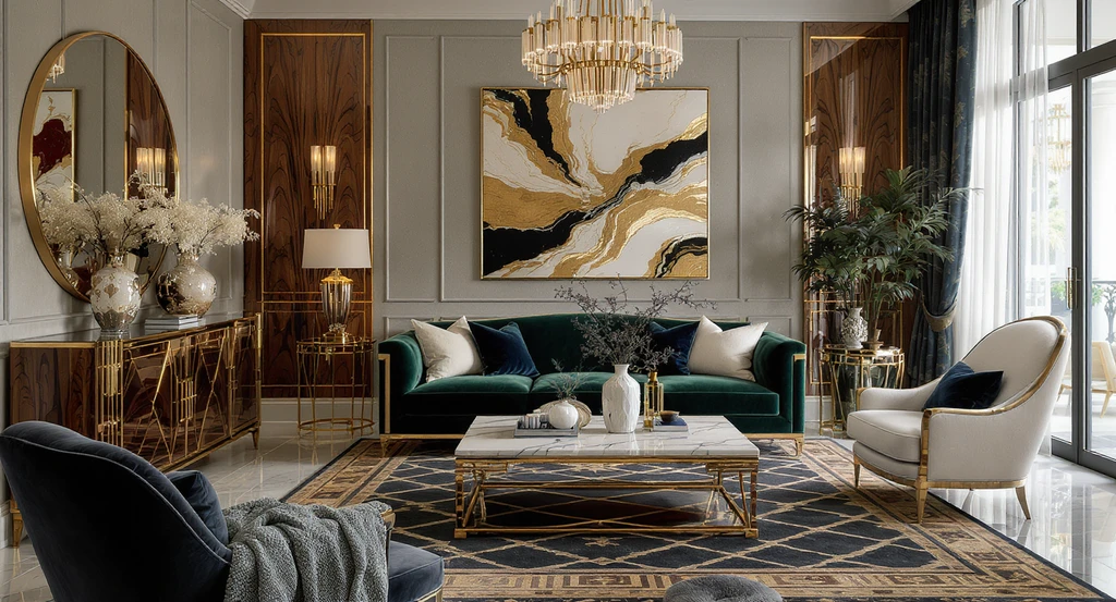 AI interior design for art deco homes shows a modern living room with bold color contrast, marble, brass, and velvet materials for a luxury style.