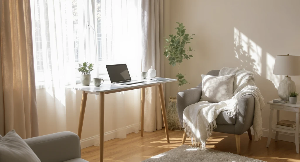 Bright living room scene staged for buyer psychology of home staging success, showing a desk with laptop by window, cozy chair, and coffee mug to boost buyer confidence and help buyers feel at home in listings.