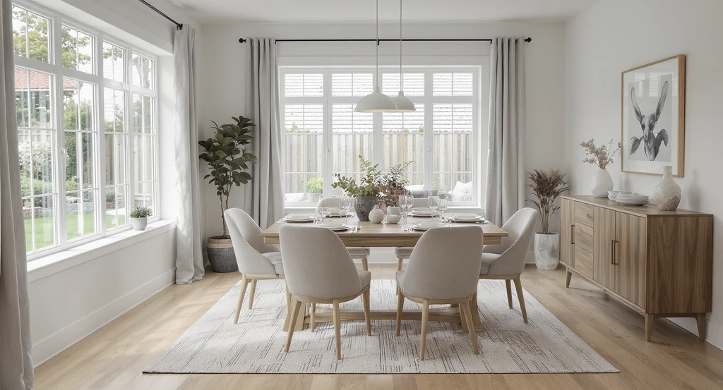 A photorealistic open-concept dining room staged with a large table set for six, showing how scale and functionality boost buyer confidence and create a homelike feel, supporting best staging tips and why buyers feel at home in listings.