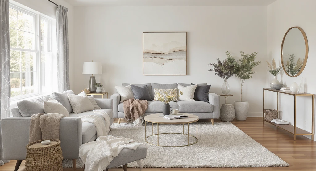 Editorial real estate photo of a beautifully staged living room, showing why buyers feel at home in listings and staging success psychology.