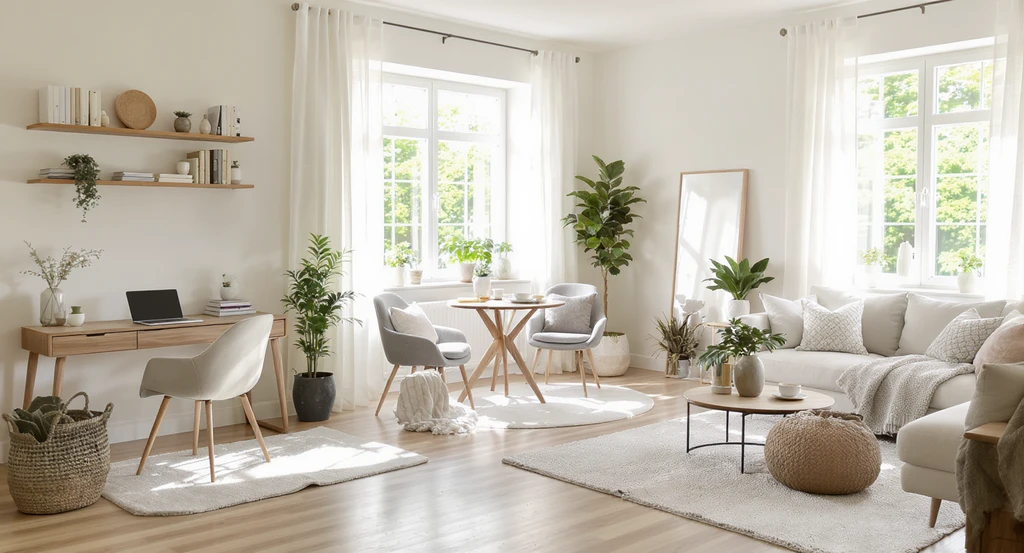 A photorealistic living space with clearly staged zones: a defined home office, dining nook, and cozy lounge showing best staging tips to increase buyer confidence and why buyers feel at home in listings.