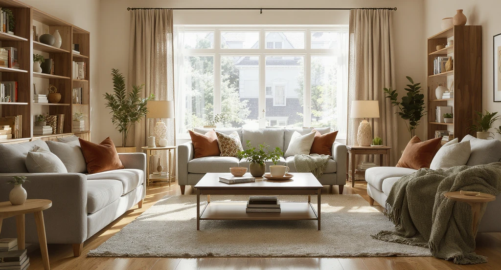Photo-realistic, grounded living room with authentic furniture placement demonstrates why buyers feel at home in listings and trust staging success.