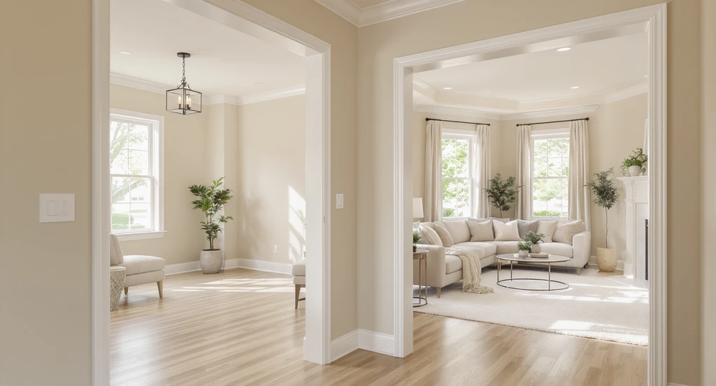 Modern entryway and living room painted in greige, illustrating the best paint colors for AI home design and AI room visualization for selling homes.