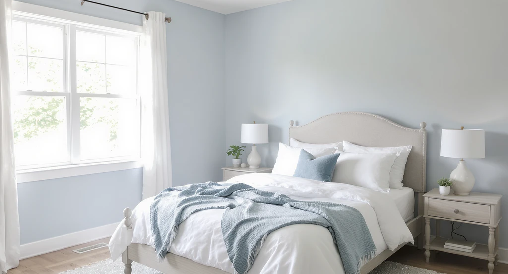 Photorealistic bedroom with soft blue-gray walls, natural light, minimal modern furniture, and white linens, showing best paint colors for AI home design and how AI suggests resale paint colors to create a calming space that appeals to homebuyers.