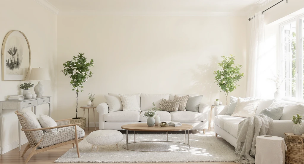 Sunlit living room with walls painted in warm white, showcasing best paint colors for AI home design and AI room visualization for selling homes.