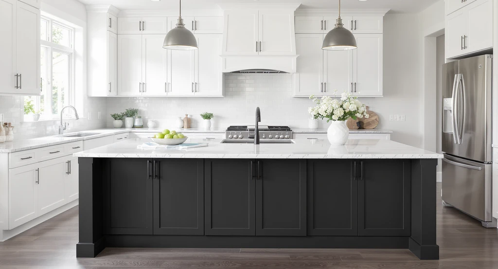 Modern kitchen with a charcoal gray island and lower cabinets, complemented by white upper cabinets, professional staging highlights best paint colors for AI home design and curated appeal for resale value.