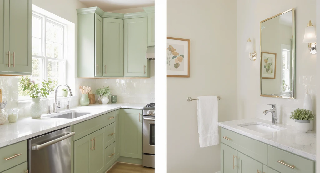 Photorealistic kitchen and bathroom featuring sage green cabinets and tiles, natural light, and clean surfaces, illustrating the best paint colors for AI home design and how AI suggests resale paint colors by visualizing sage green in real rooms.