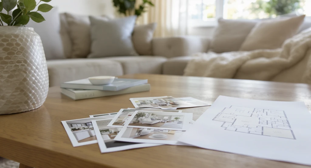 High-quality real estate listing photos of a well-staged modern living room are scattered on a coffee table, lacking a clear floor plan, illustrating why property listings get ignored online and highlighting how floor plans affect buyer interest by addressing common reasons real estate listings fail and the impact of clarity in real estate photos.