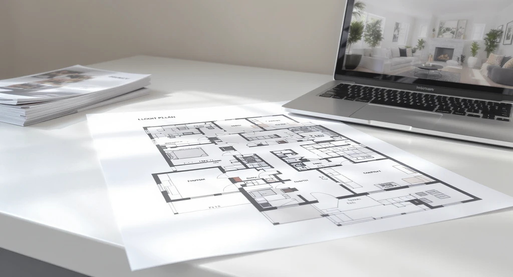 Professional real estate workspace with a clear home floor plan and property photos, illustrating how floor plans affect buyer interest and listing clarity.
