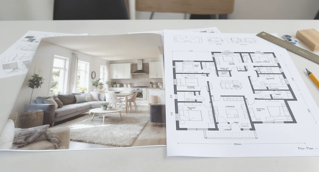 Photorealistic comparison of a modern living room and its matching 2D floor plan demonstrates how floor plans solve hidden clarity problems that make property listings get ignored online. The image highlights how buyers understand usability and flow, key factors in real estate listing success.