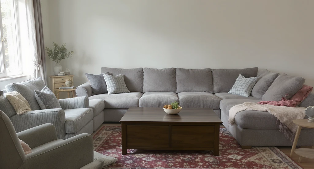 A small living room looks crowded with an oversized sectional, bulky coffee table, and tight walkways, illustrating how to choose furniture that fits your room and avoid common mistakes when buying furniture by understanding scale and proportion.