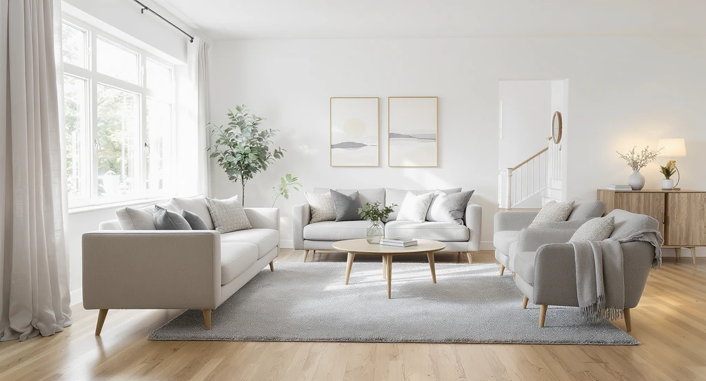 Living room showing common mistakes when buying furniture: a too-small rug under a coffee table, with seating off the rug. Demonstrates how to visualize furniture in your space and the importance of understanding furniture scale and proportion.