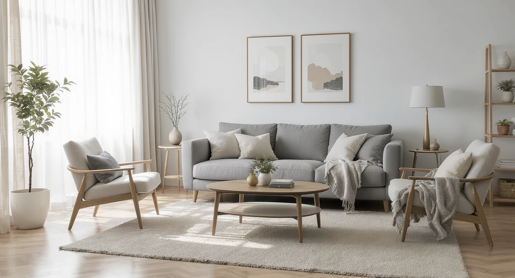 Modern living room showing common mistakes when buying furniture—oversized sofa, tiny coffee table, and awkwardly spaced chairs—emphasizing how to choose furniture that fits your room and the importance of understanding furniture scale and proportion for comfort.