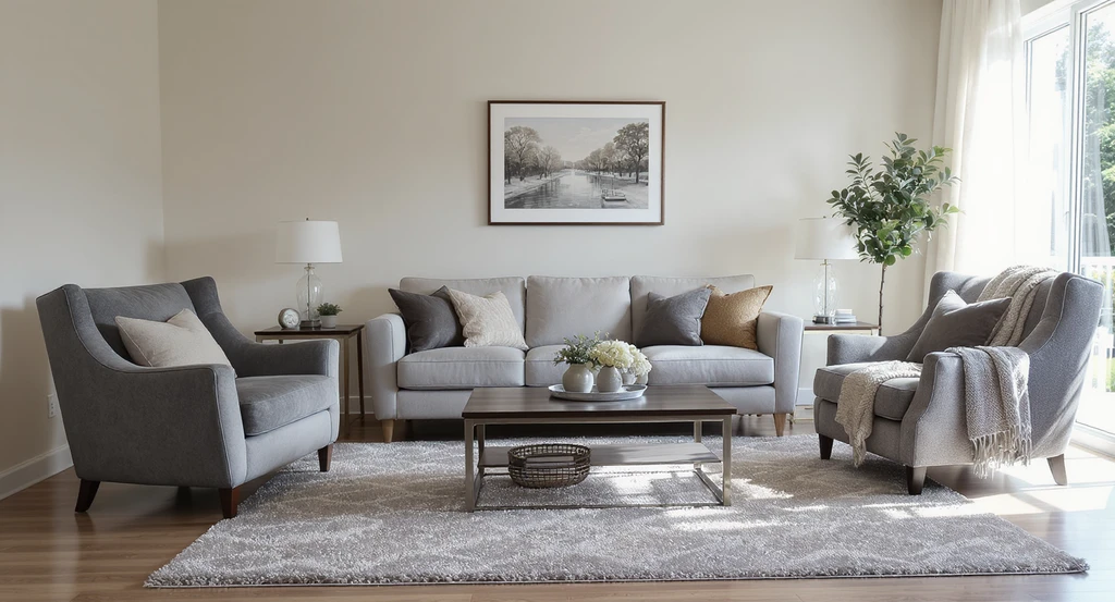 A living room with a small artwork above a large sofa, oversized armchair, and undersized rug, clearly showing common mistakes when buying furniture and how to choose furniture that fits your room by understanding furniture scale and proportion.