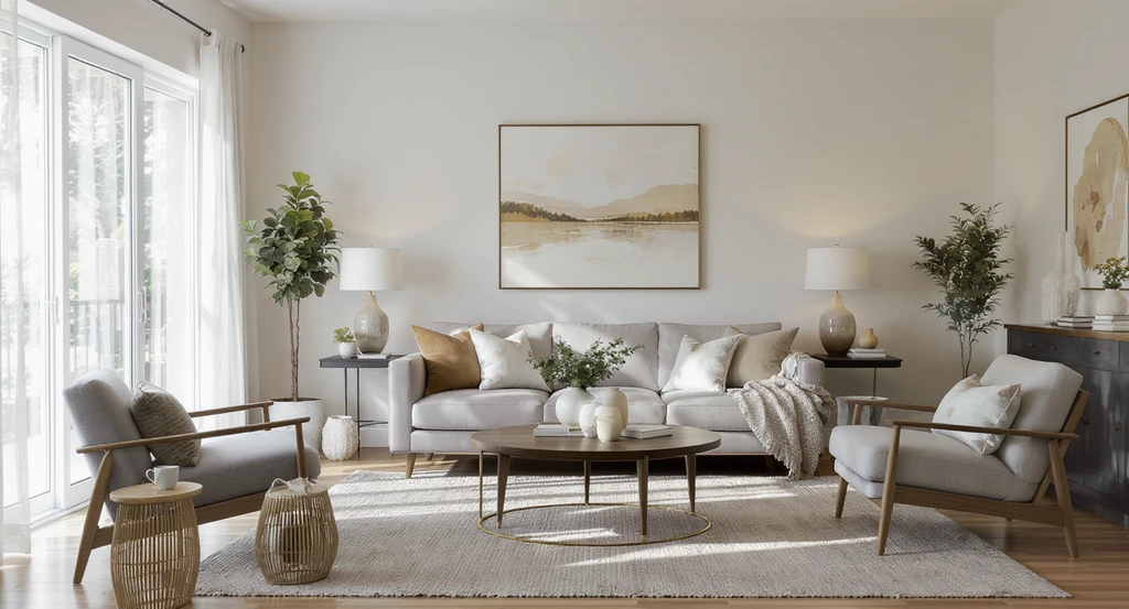 A naturally lit living room staged for clarity: realistic furniture layout, defined zones, and natural lighting for better property visualization.
