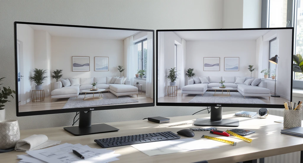 Modern workspace showing two large monitors: one with a believable staged property photo, the other with an AI-generated room that's unclear. Floor plans, measuring tools, and swatches illustrate why home buyers can't visualize property layout and how virtual staging helps spatial imagination for real estate listings.