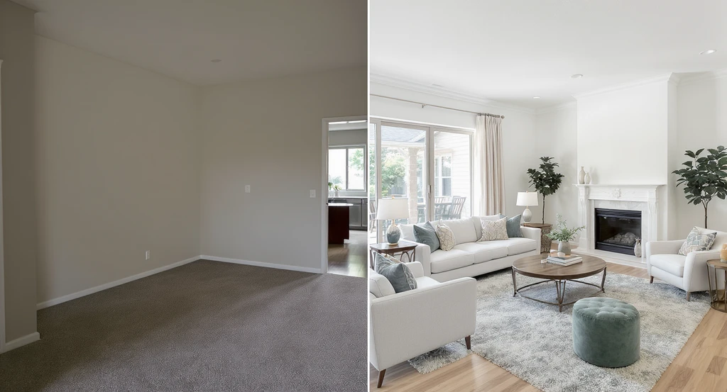 Ultra-realistic interior showing an empty room beside a virtually staged one, demonstrating why home buyers can't visualize property layout and how virtual staging helps overcome the real estate visualization gap for visual thinkers and aphantasia.