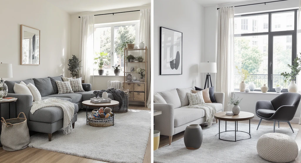 Photorealistic split view of two staged living rooms—one tailored for a family home, one for a city studio—showing ai-powered home design visualization tools versus traditional staging methods in 2026.