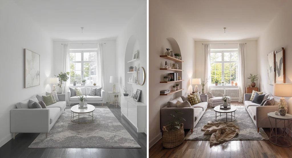 Editorial photo comparing a long narrow living room staged with ai-powered home design visualization tools vs. human-customized virtual staging, highlighting differences in layout, decor, and use of architectural features. Best ai interior design software 2026 and ai vs traditional home design methods shown in realistic room setup.