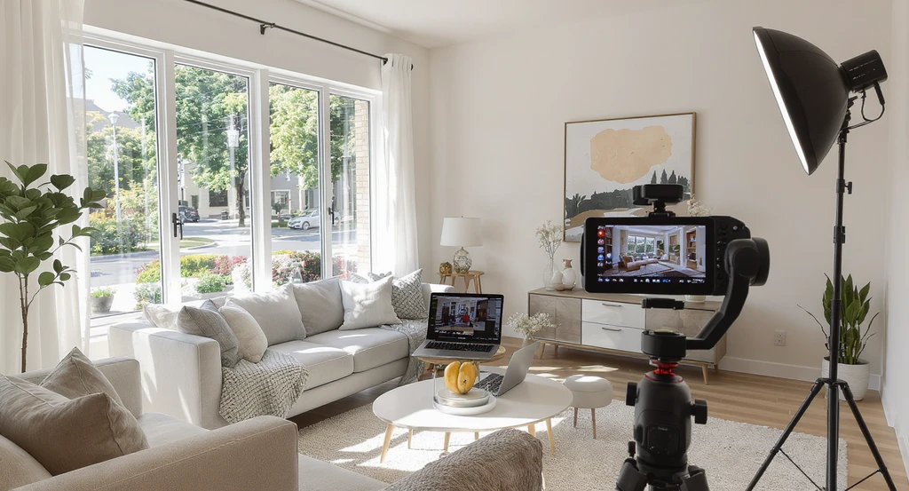 Modern living room set up for a real estate video shoot with AI-powered home design visualization tools, prepping for virtual tours using the best AI interior design software 2026.