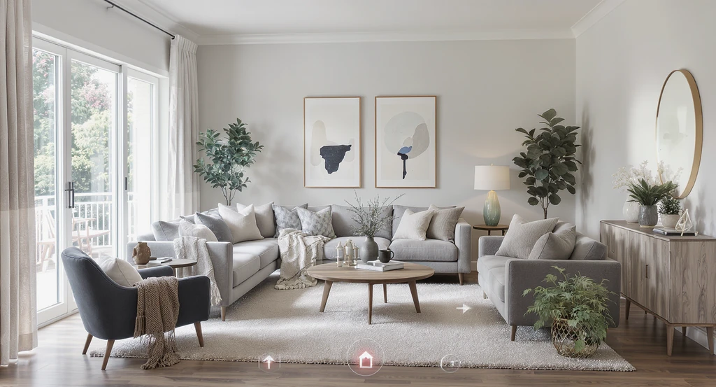 Modern living room virtually staged using AI-powered home design visualization tools, showing accurate flow and scale to illustrate how to create virtual tours with AI and the benefits of using AI for virtual home staging compared to traditional home design methods in 2026.