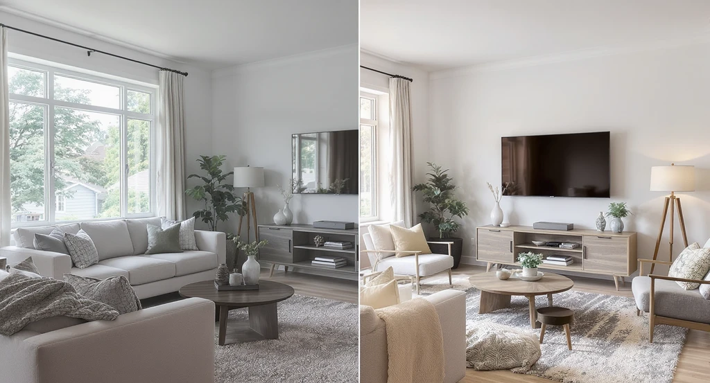 A split-screen living room comparing ai-powered home design visualization tools and traditional editing, showing visual flaws like odd shadows, clutter, and distorted proportions on one side, and flawless, inviting virtual home staging on the other using the best ai interior design software 2026.