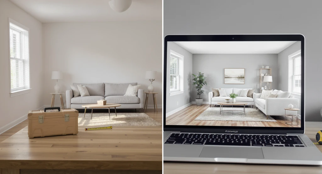 Side-by-side scene of an unfurnished living room and a laptop displaying the same space with realistic virtual staging, illustrating virtual staging vs physical staging for home selling and cost comparison of virtual and physical staging.