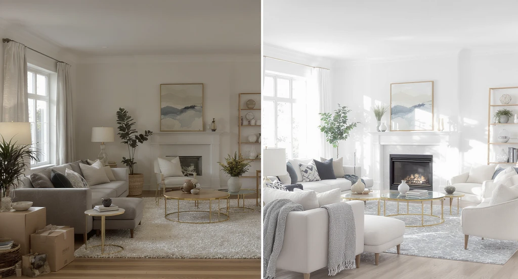 Split-screen showing a modern living room staged physically with real luxury furniture and moving boxes on one side, and virtually staged with identical digital furnishings on the other, illustrating virtual staging vs physical staging for home selling and a cost comparison of staging methods.