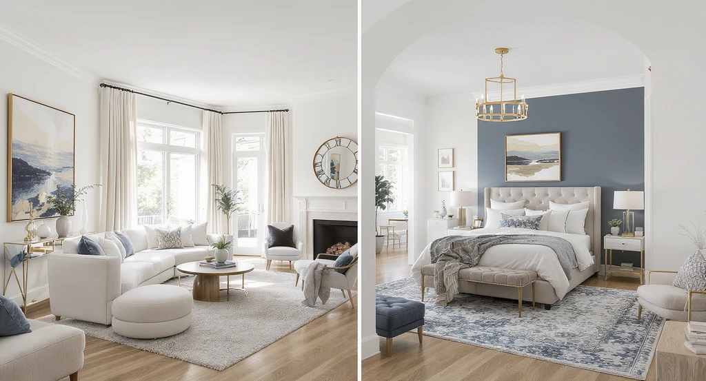 Hybrid home staging example: physically staged premium living room and bedroom, with virtually staged secondary rooms, showing cost comparison in the context of virtual staging vs physical staging for home selling. Best AI tools for home staging and buyer behavior insights included.