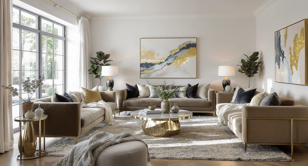 Sophisticated physical staging in a luxury living room highlights premium materials and textures, contrasting virtual staging vs physical staging for home selling.