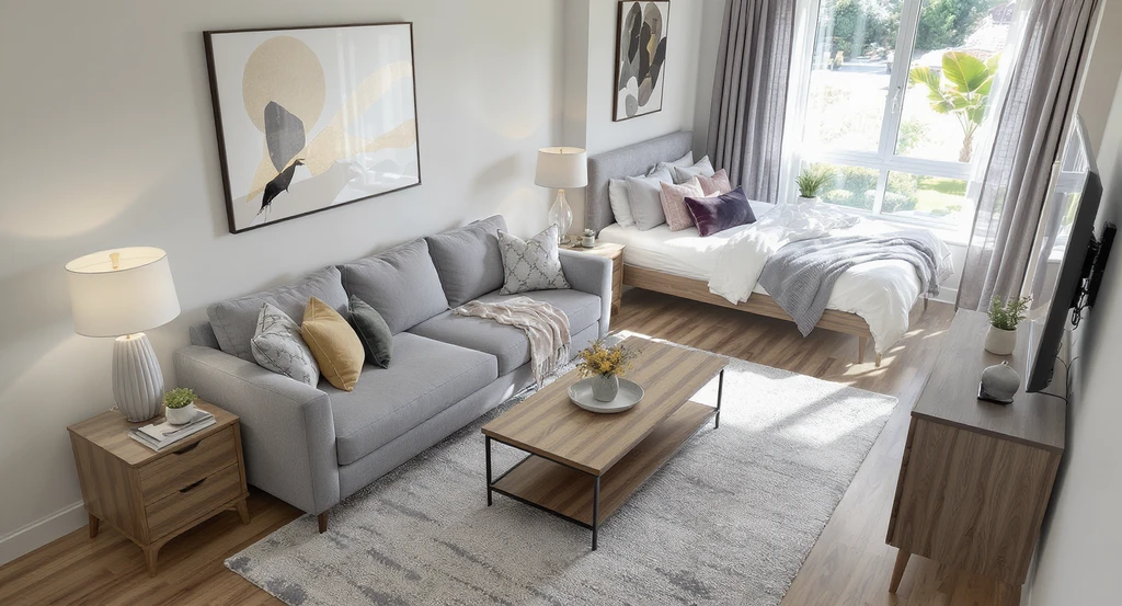 Photorealistic modern living room with real furniture, showing how real furniture transforms ai home design and helps personalize room layouts.