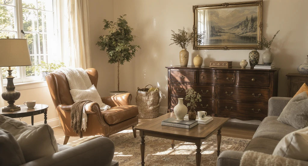 A photorealistic living room shows how real furniture transforms ai home design, with existing pieces like a reading chair and vintage dresser, blending old and new furniture for personalizing home design with ai tools.
