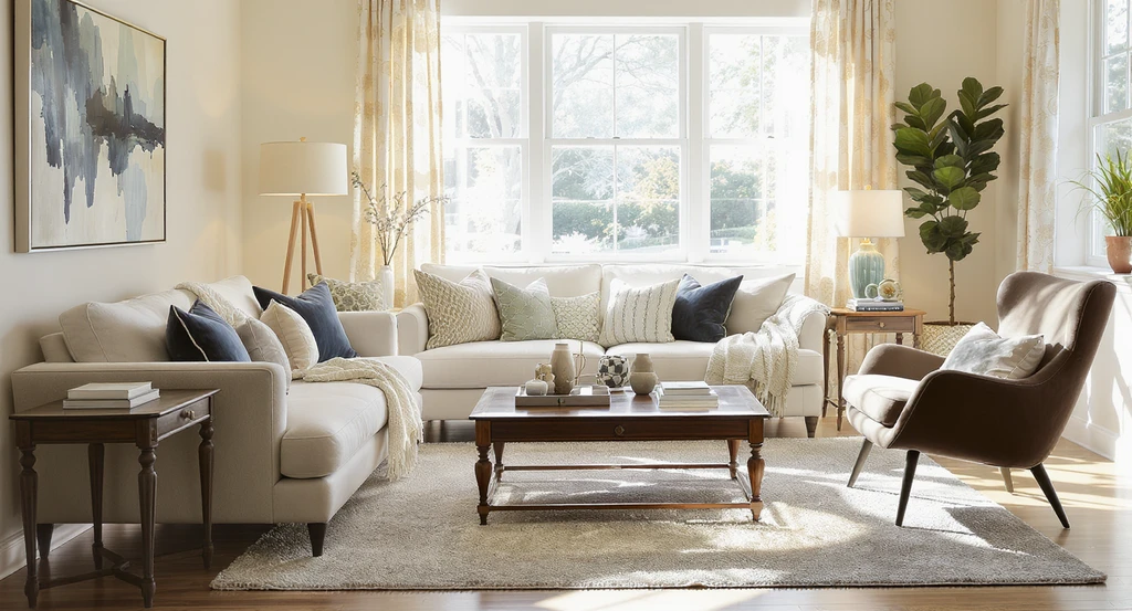 A realistic living room visualizing how real furniture transforms AI home design, showing benefits of designing with existing furniture pieces and natural light.