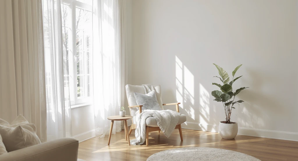 Editorial-style AI staging of a forgotten window-adjacent corner with a lounge chair, plant, and desk, showing how to use AI tools in transition area interior design to improve listing photos.